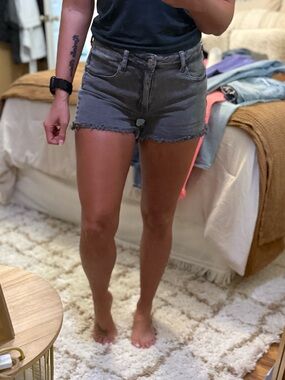 Zenana Outfitters Gray Frayed Hem Denim Shorts